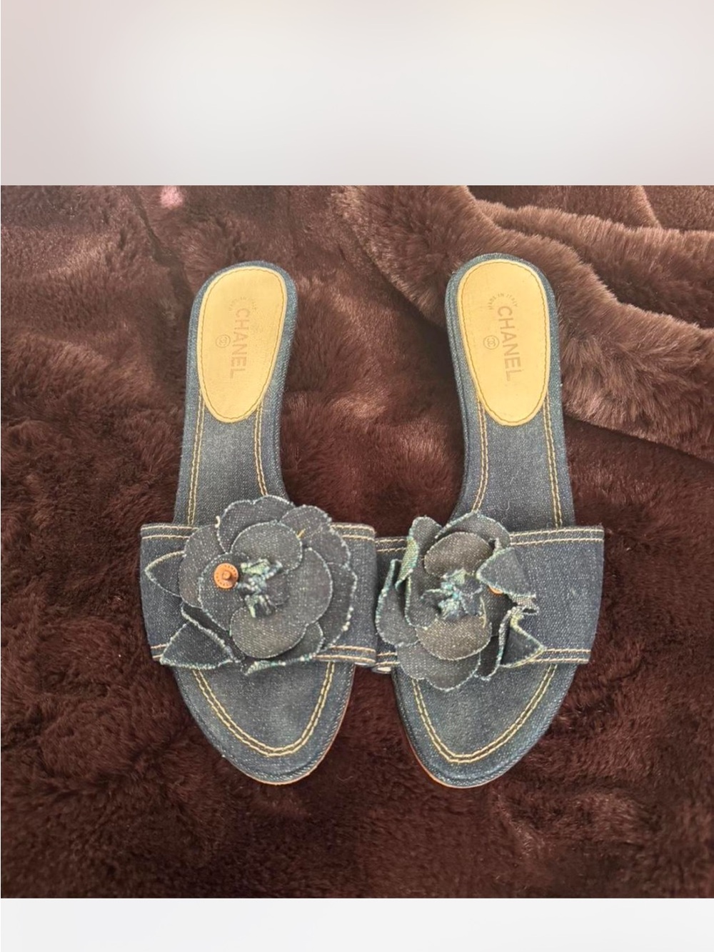 CHANEL Denim Camellia Slide Sandals - Blue Denim